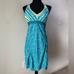 Athleta Pack Everywhere Halter Sun Dress Blue Green Geometric Print Sz 2 Coastal